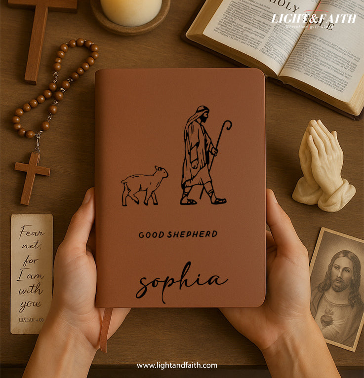 Personalized Christian Journal with "Good Shepherd" Design, Custom Name Prayer & Faith Notebook, Religious Gift, First Communion Gifts, Birthday. NBLAF25